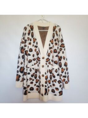 WHO-WHAT-WEAR LEOPARD PRINT SWEATER CARDIGAN CREAM BLACK BROWN WOMENS (XXL)